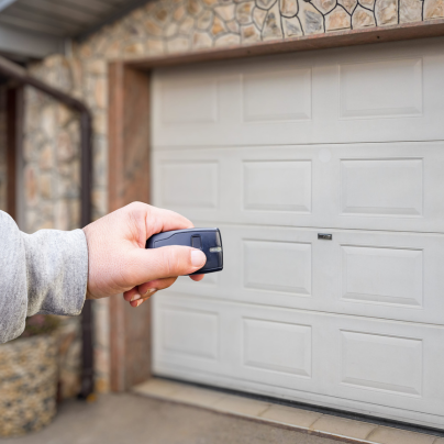 Duluth security key fob pointing to a garage door